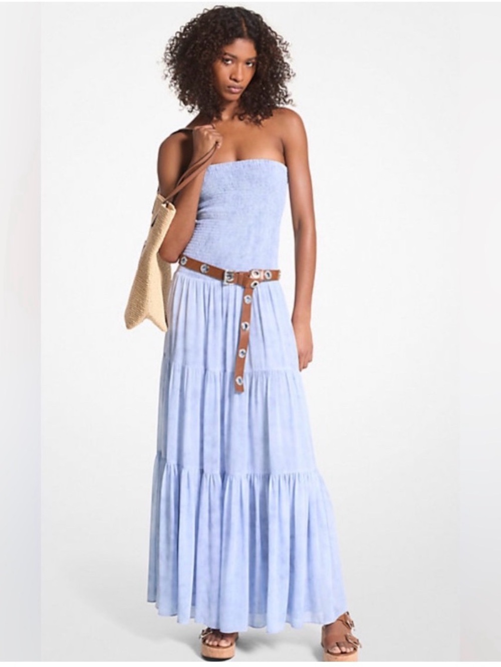 Michael Kors Light Blue Strapless and Tiered Maxi Dress with Brown Strap Belt